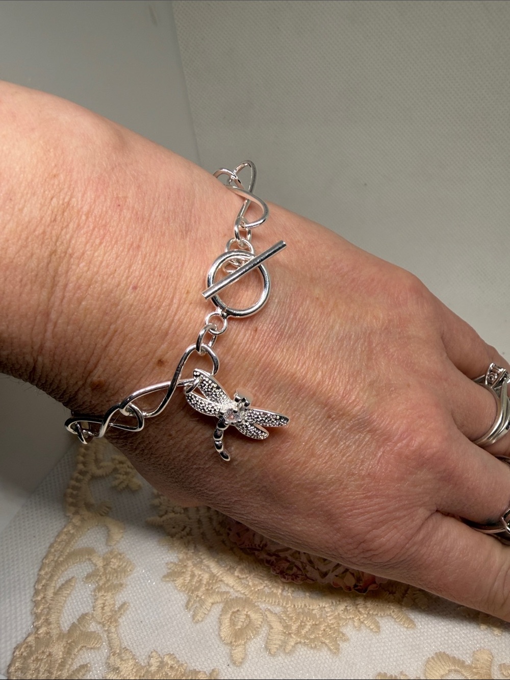 925 Sterling Silver Dragonfly Toggle Bracelet CZ Accent Cottagecore Romance